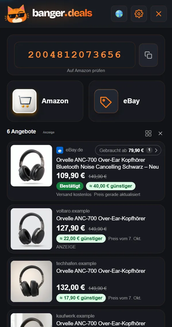 Das Panel von BANGER.deals auf einer Shopseite: EAN-Nummer, Amazon-Knopf und ein eBay-Angebot mit Ersparnis