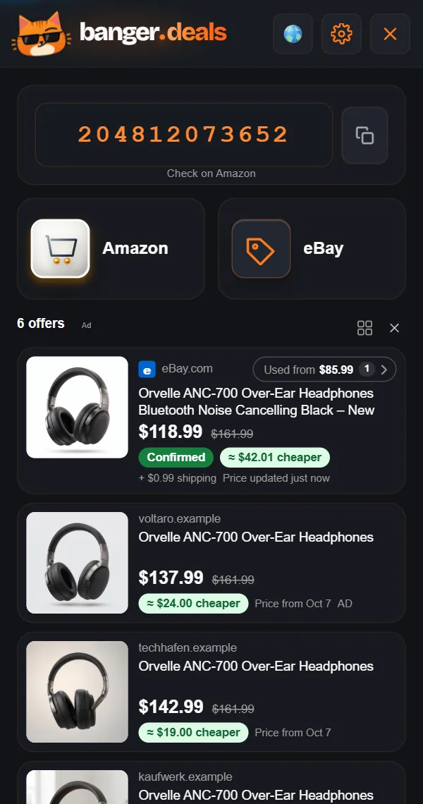 The BANGER.deals panel on a shop page: the EAN/UPC, the Amazon button and an eBay offer with savings